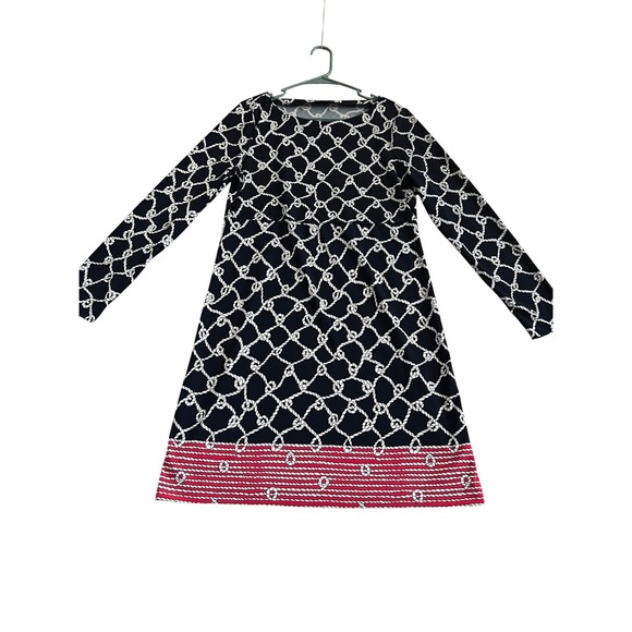 Nautica Mens Navy Blue Rope Lattice Print Long Sleeve Shift Dress Red Hem L - Picture 2 of 9